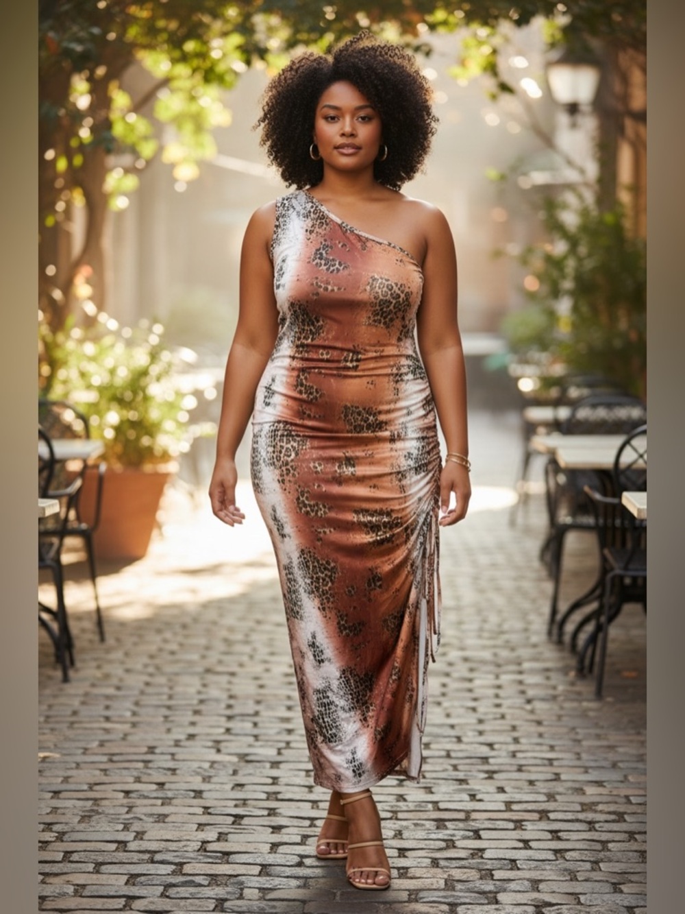 One-Shoulder Copper Brown Animal-Print Maxi Dress